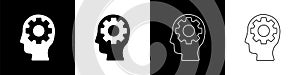 Set Human head with gear inside icon isolated on black and white background. Artificial intelligence. Thinking brain