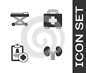 Set Human kidneys, Stretcher, Patient record and First aid kit icon. Vector