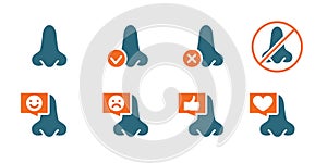 Set of human nose colored icon. Healthy olfactor organ, nose and paranasal sinuses, diagnosis, treatment symbol