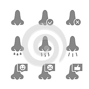 Set of human nose grey icon. Healthy olfactor organ, diseases of nose and paranasal sinuses, smells, treatment symbol