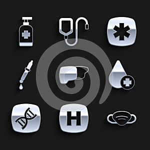 Set Human organ liver, Hospital signboard, Medical protective mask, Donate drop blood, DNA symbol, Pipette, Emergency -