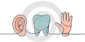 Set of human organs one line colored continuous drawing. Tooth, ear, hand continuous colorful one line illustration