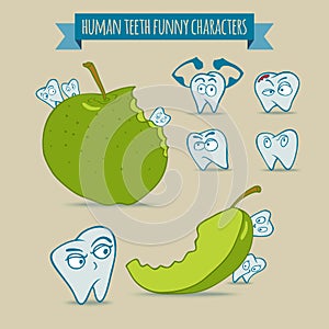 Set of human teeth funny characters with apple