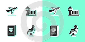 Set Human waiting in airport terminal, Plane takeoff, Passport and Airport control tower icon. Vector