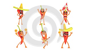 Set of humanized red hot chili peppers. Vector illustration. photo