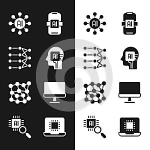 Set Humanoid robot, Neural network, Artificial intelligence AI, Computer monitor, Processor CPU and icon. Vector