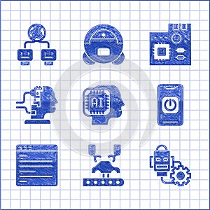 Set Humanoid robot, Robotic arm on factory, setting, Turn off from phone, Computer api interface, for maintenance