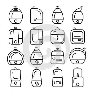 Set of humidifier air diffuser line icons isolated on white background. Purifier microclimate ultrasonic home flat vector