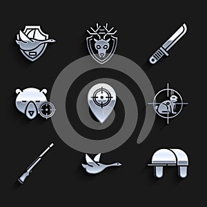 Set Hunt place, Flying duck, Hunter hat, on rabbit with crosshairs, Hunting gun, bear, knife and shield icon. Vector