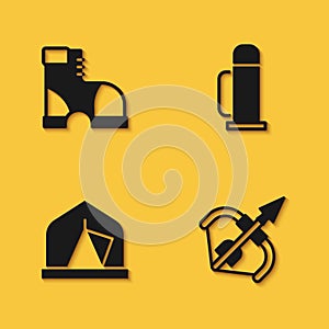 Set Hunter boots, Medieval bow and arrow, Tourist tent and Thermos container icon with long shadow. Vector