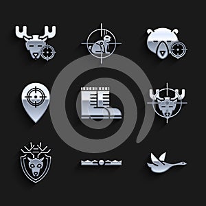 Set Hunter boots, Trap hunting, Flying duck, on moose with crosshairs, Deer head antlers shield, place, bear and icon