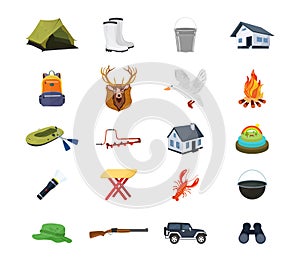 Set of hunter, fisherman objects, equipment, structures, equipment, clothing, accessories.