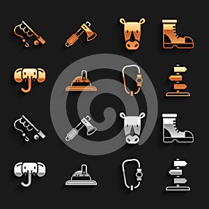 Set Hunter hat, boots, Road traffic sign, Carabiner, Elephant, Rhinoceros, Fishing rod and Wooden axe icon. Vector