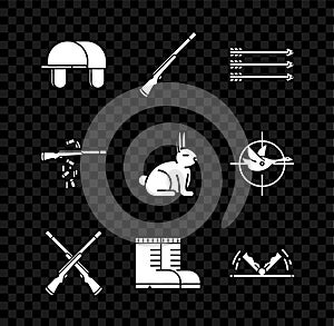 Set Hunter hat, Hunting gun, Hipster arrows, Two crossed shotguns, boots, Trap hunting, Gun shooting and Rabbit icon