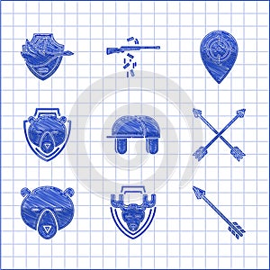 Set Hunter hat, Moose head on shield, Hipster arrow, Crossed arrows, Bear, place and Flying duck icon. Vector