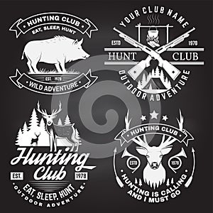 Set of Hunting club badge on the chalkboard. Vector. Concept for shirt, label, print, stamp. Vintage typography design