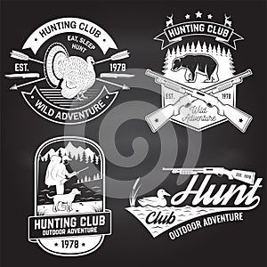 Set of Hunting club badge on the chalkboard. Vector. Concept for shirt, label, print, stamp. Vintage typography design