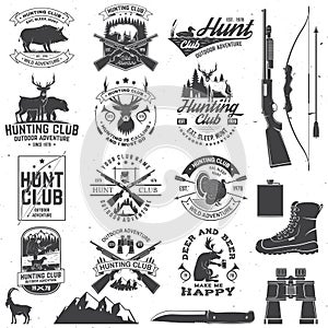 Set of Hunting club badge. Vector Concept for shirt, print, stamp. Vintage typography design with hunting gun, boar