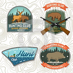 Set of Hunting club badge. Vector Concept for shirt, print, stamp. Vintage typography design with hunting gun, boar