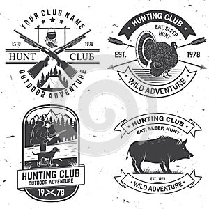 Set of Hunting club badge. Vector Concept for shirt, print, stamp. Vintage typography design with hunting gun, boar