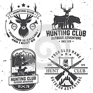 Set of Hunting club badge. Vector Concept for shirt, print, stamp. Vintage typography design with hunting gun, boar