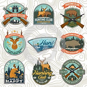 Set of Hunting club badge. Vector Concept for shirt, print, stamp. Vintage typography design with hunting gun, boar