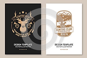 Set of Hunting club badge. Vector. Flyer, brochure, banner, poster design with deer and hunting horn, hunter, dog