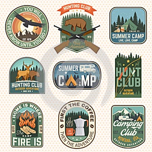 Set of hunting club and hiking club badge. Vector. Concept for shirt, logo, print, stamp. Vintage design with rv trailer
