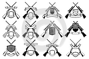 Set of hunting emblems with hunting guns and rifles. Design element for logo, emblem, sign, poster, card, banner.