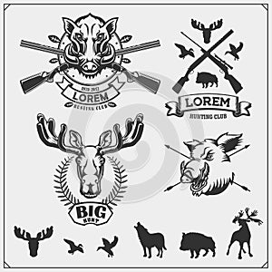 Set of hunting emblems, labels and design elements. Duck, moose, wild boar, wolf and deer.