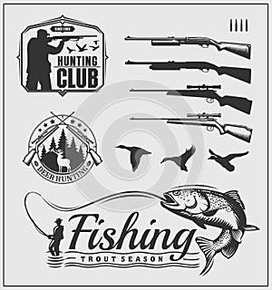 Set of hunting and fishing club badges, labels and design elements.