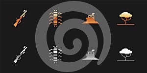 Set Hunting gun, Centipede insect, Tree stump and African tree icon. Vector