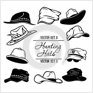 Set of hunting hats vector illustration isolated on white