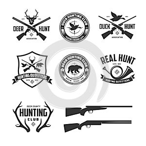 Set of hunting related labels badges emblems. Vector vintage illustration.