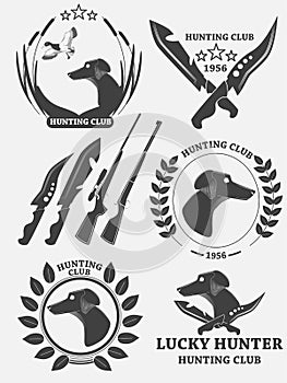 Set of hunting retriever logos, labels and badges. Dog, duck, weapons. Vector