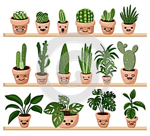 Set of hygge potted kawaii emoticon emoji succulent plants on shelf. Cozy lagom scandinavian style collection of plants