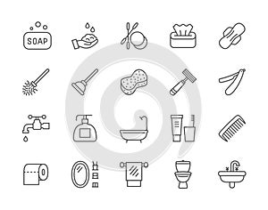 Set of Hygiene Line Icons. Bathtub, Bath Sponge, Tampon, Toilet Plunger and more