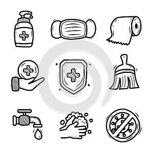 Set of hygiene vector elements in cute doodle style