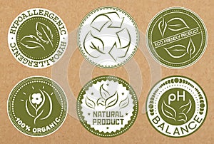 Set of hypoallergenic, recyclable, eco friendly, organic badges, icons, sticker layouts