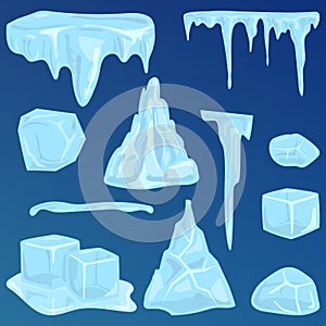 Set of ice caps snowdrifts and icicles elements winter decor vector.