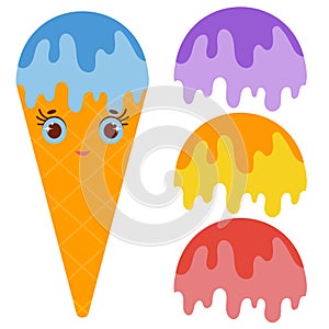 Set ice cream balls of yellow, red, purple, blue. Drizzled with glaze. Orange cartoon waffle cone smiles. Flat colored drawing on