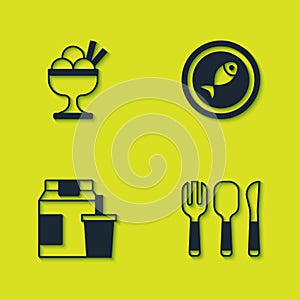 Set Ice cream in bowl, Fork, spoon and knife, Online ordering delivery and Served fish plate icon. Vector