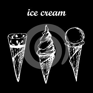 Set of Ice cream cone sketch, hand drawn vector illustration ice cream menu drawn in chalk on a black Board
