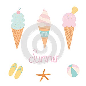 Set of ice cream cones and beach items