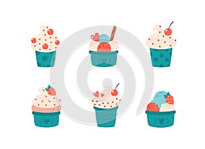 Set of ice cream in cup with strawberry, cherry, cinnamon stick. Summertime, hello summer. Hand drawn vector