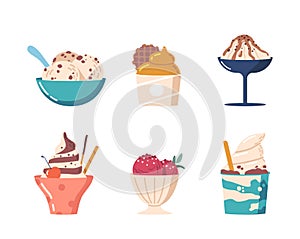 Set Of Ice Cream In Cups, Gelato Or Creme Brulee Sweet Creamy Dessert Of Various Flavors With Sprinkles And Toppings