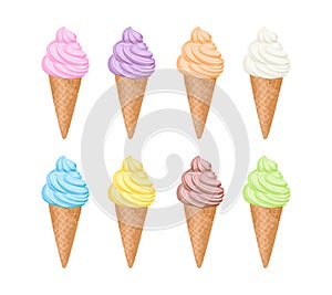 Set of ice cream of different colors in waffle cones isolated on white background. Swirl of soft serve ice cream in waffle cup.