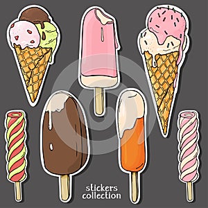 Set of ice cream of different types. Colorful, stylish stickers.