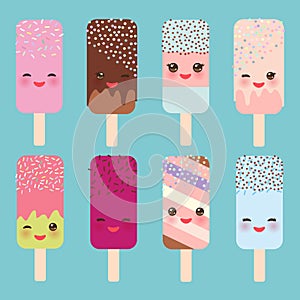 Set ice cream, ice lolly Kawaii with pink cheeks and winking eyes, pastel colors on light blue background. Vector