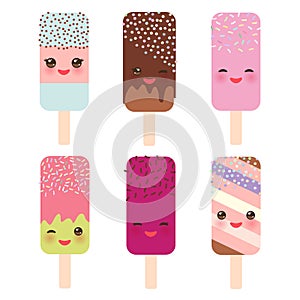 Set ice cream, ice lolly Kawaii with pink cheeks and winking eyes, pastel colors on white background. Vector